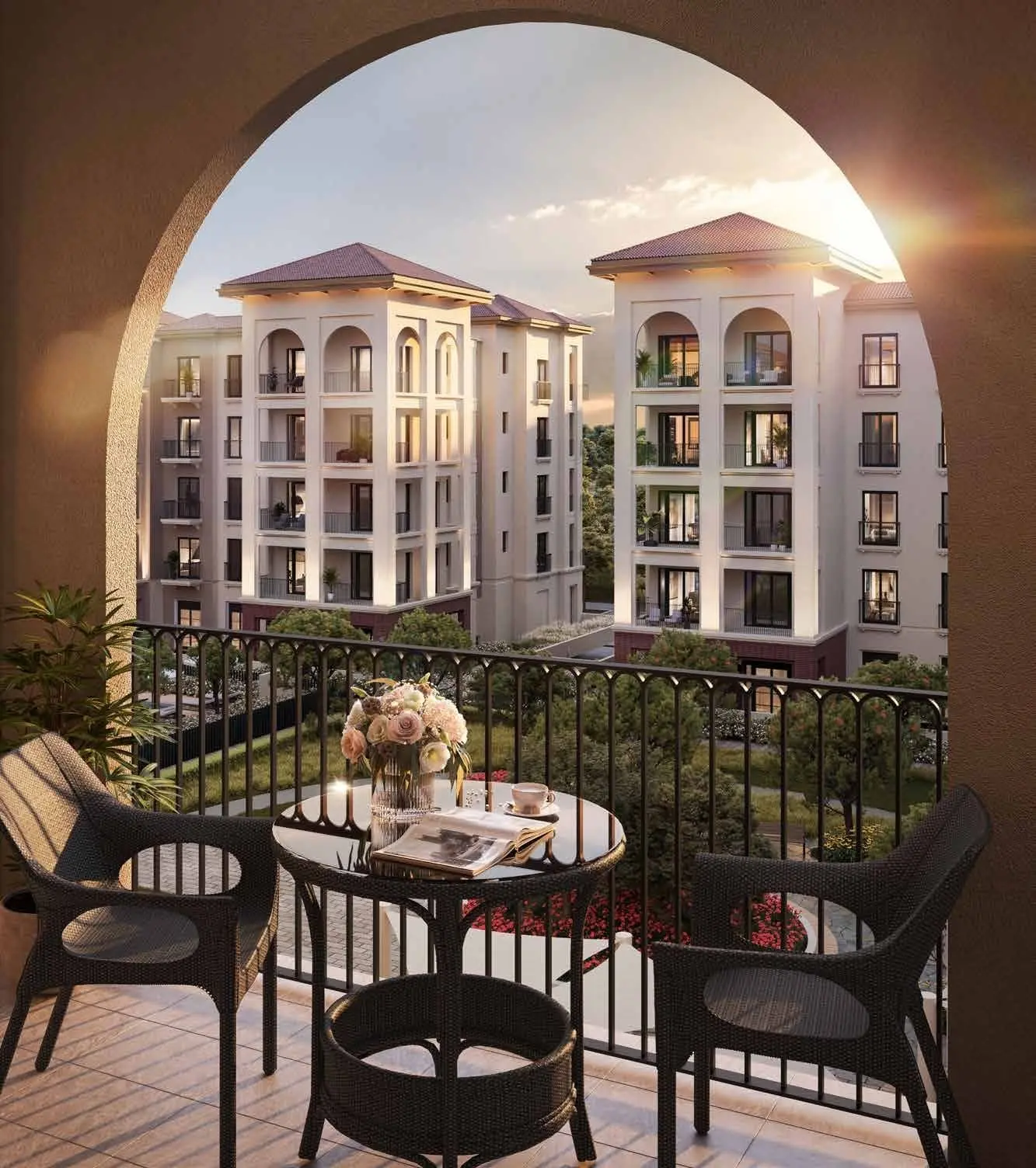 Granada building entrance featuring warm façade detailing inspired by traditional Mediterranean architecture, Abu Dhabi.