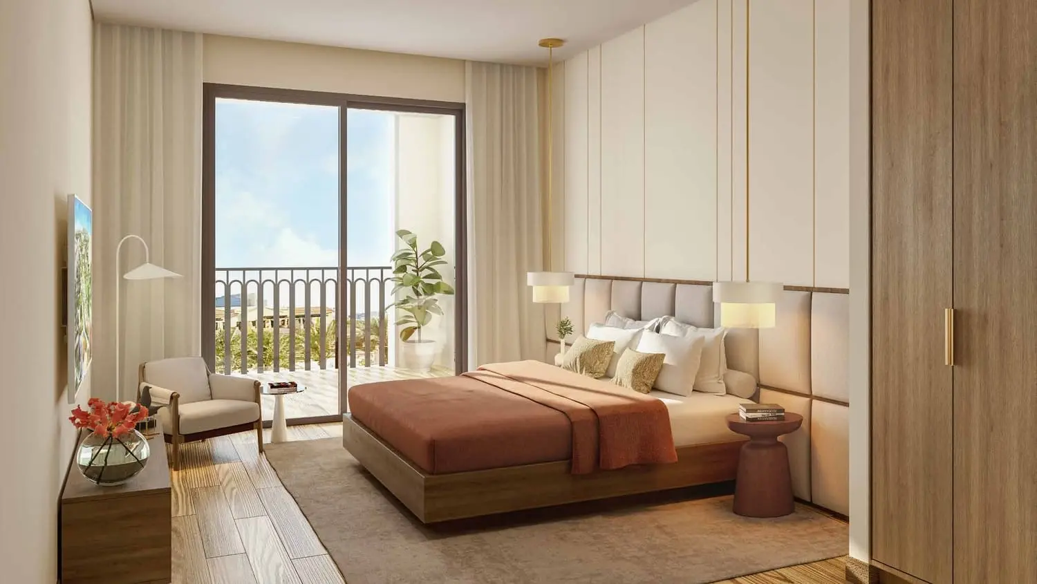 Cozy second bedroom interior with panoramic windows inside a Granada apartment, Bloom Living community, Zayed City, Abu Dhabi.