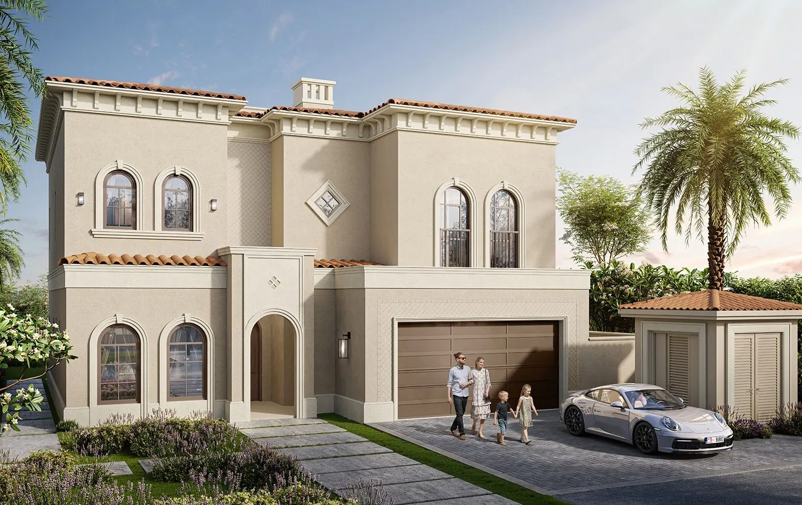 Marbella Bloom Living Zayed City Abu Dhabi luxury villa exterior with Andalusian architecture and landscaped surroundings